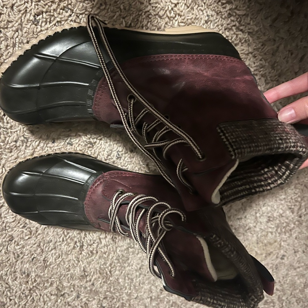 rain boots! cute and good for winter work in snow and rain! Cute to dress up!